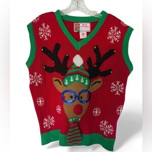 Holiday Time Red and Green V-Neck Ugly Sweater Vest SzS Reindeer